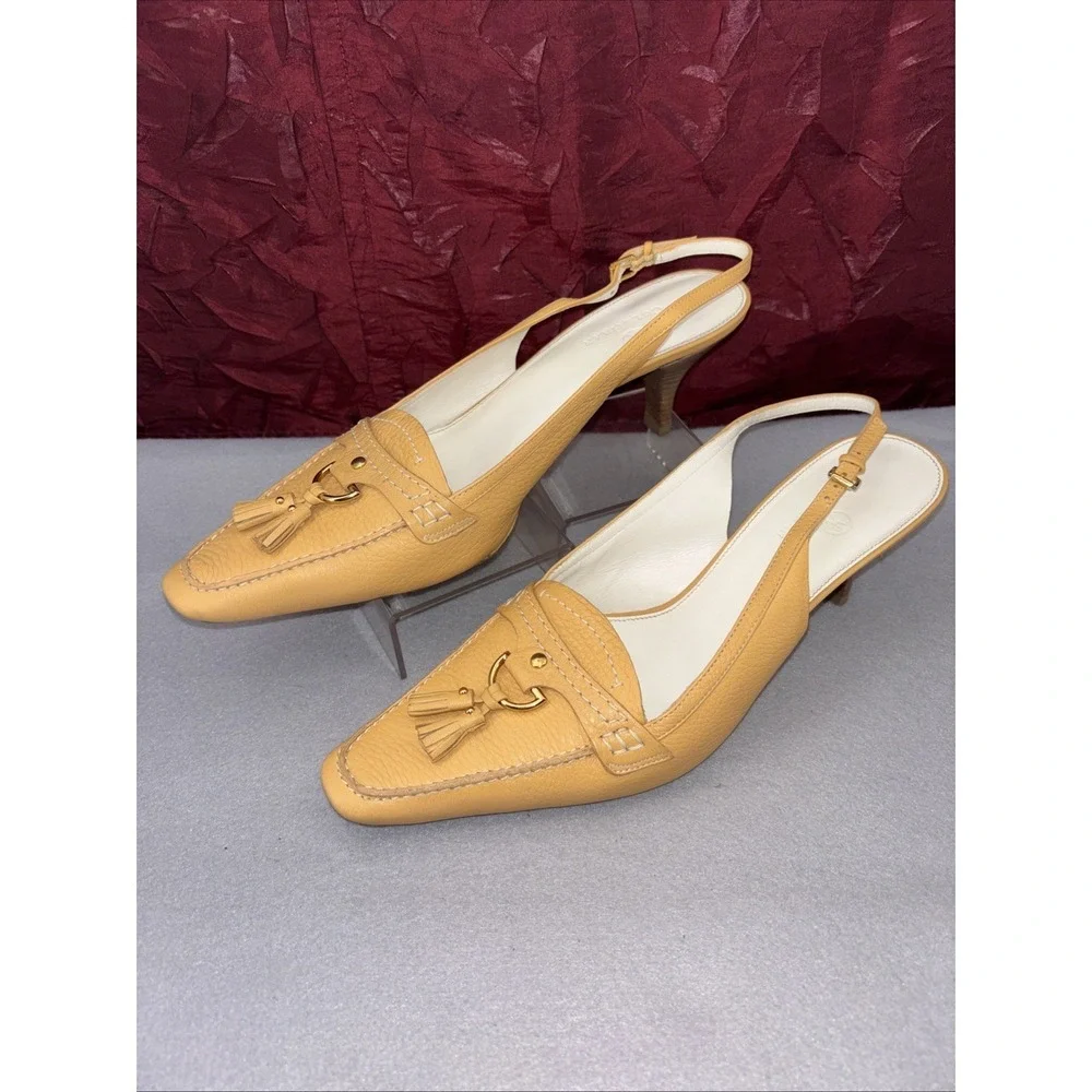Vtg Cole Haan Ochre Yellow Leather Kitten Heel Sling Backs Tassels Women's 10B